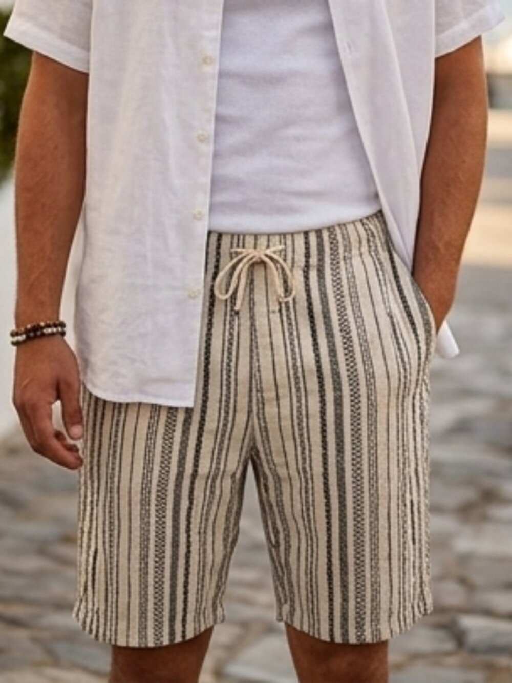 Zara Cream Black Striped Shorts Geometric Pattern Elastic Waist Medium Men